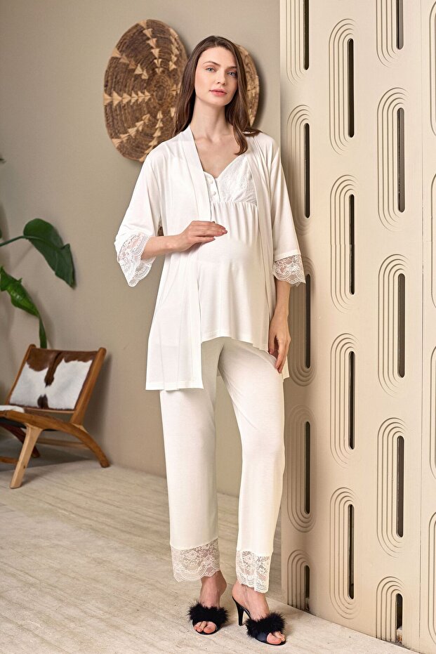 New Season Ecru Summer Elegant Lace Detailed Design Thin Straps Buttoned Maternity Pajama Set