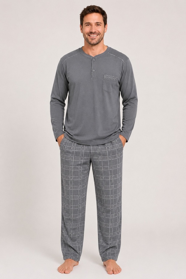 Aysun Teksti̇l Men's Large Size Long Sleeve Pajama Set with Plaid Bottom, 100% Cotton Model with Pocket Details.