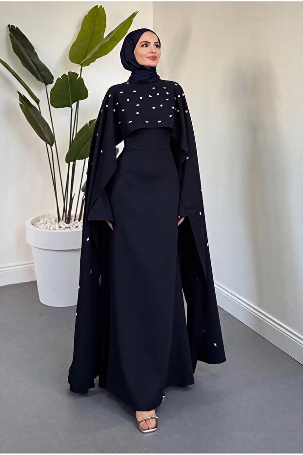 Serenya Cape Stone Evening Dress Black