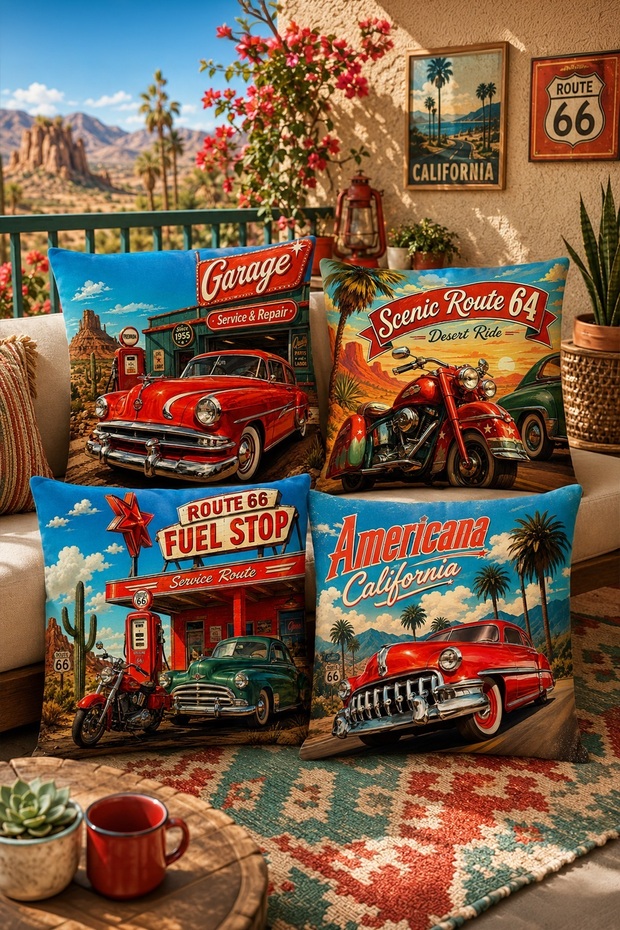 Red Retro Cars Patterned 4-Piece Throw Pillow Cover Set