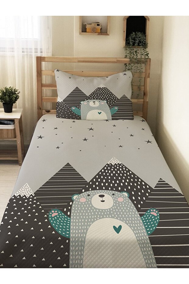 Mountain and Bear Patterned Baby and Child Printed Single Pique Set 160 X 220 cm Gray
