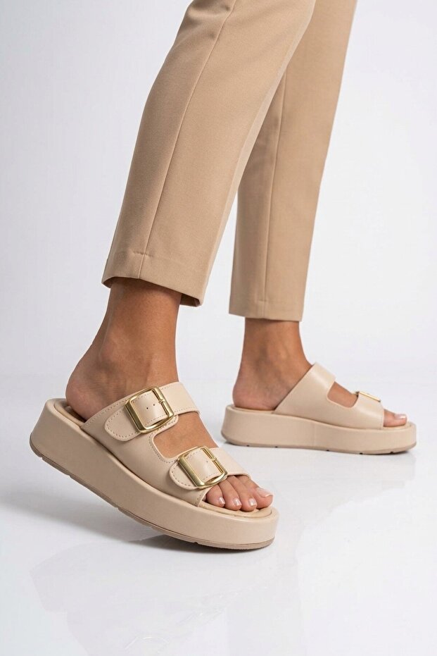 Beige Double Buckle Women's Flat Slippers