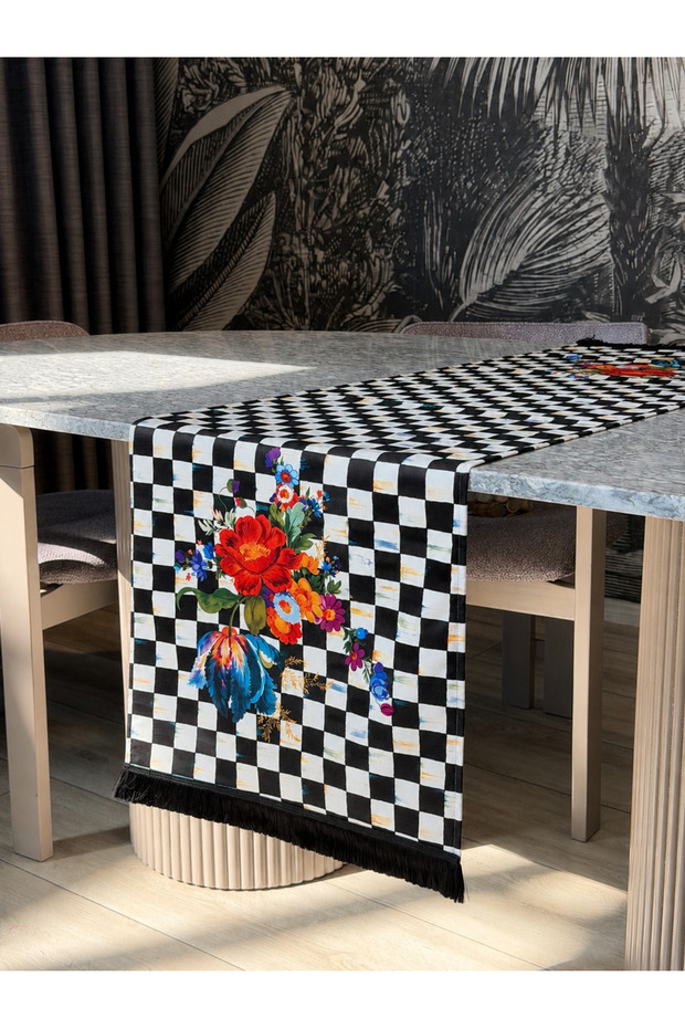 Checkered Floral Modern Decorative Printed Fringed Runner 1 Piece 40X140Cm (Skscr-61)