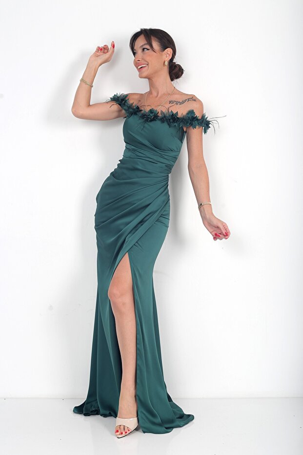 Women's Floral Madonna Collar Draped Lined Crepe Satin Long Dress