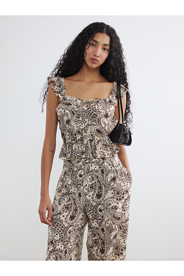 Square Neck Patterned Frilled Crop Blouse