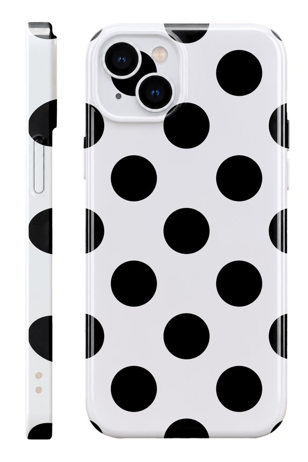 iPhone 13 Black Polka Dot Protect Slim Glossy Full Covering Print Camera Protected Phone Case