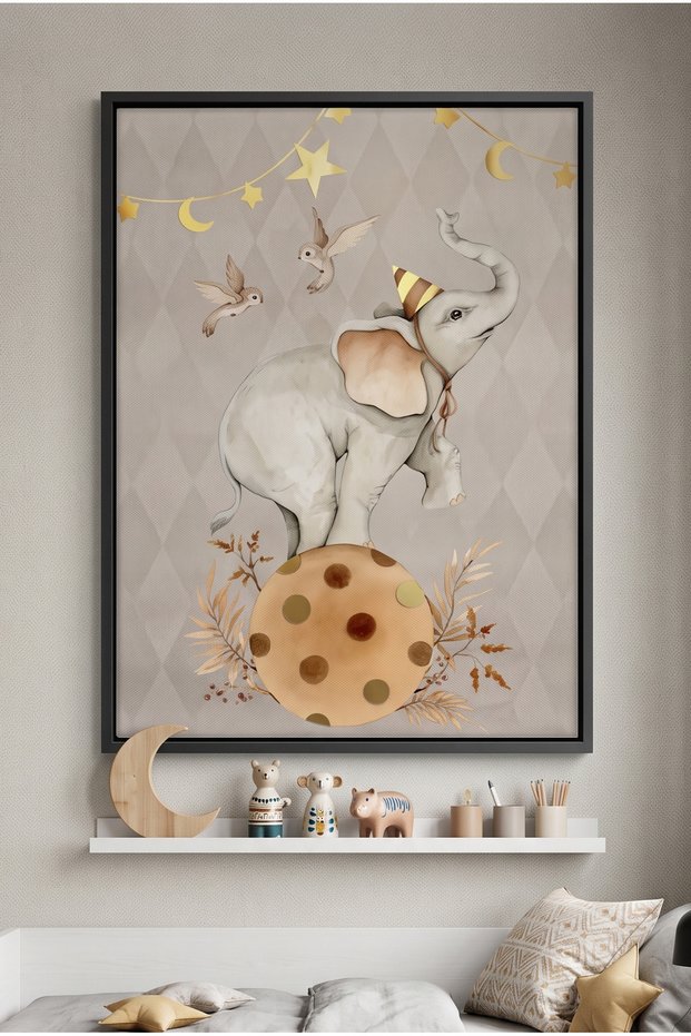 Elephant Nursery Kids Wall Art | Portrait Framed Canvas Print with Gold Foil Embossed | Luxury Islamic Decor for Kids Room