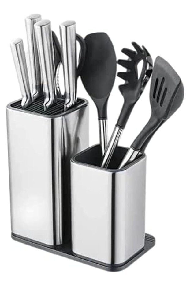 2-in-1 Kitchen Utensil Organiser, Stainless Steel Knife Block and Cooking Tool Holder, Modern Design with Detachable Containers