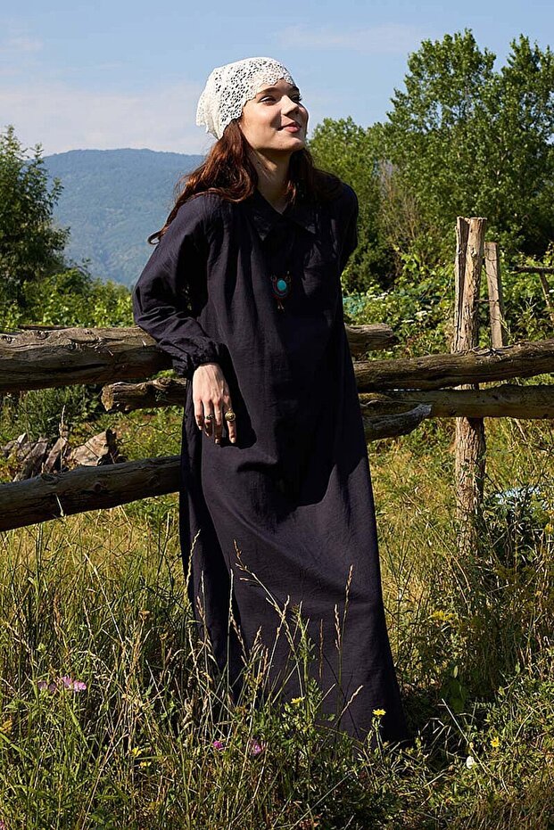 Waist-Tied, Ruffled Sleeve Linen Dress, Navy Blue