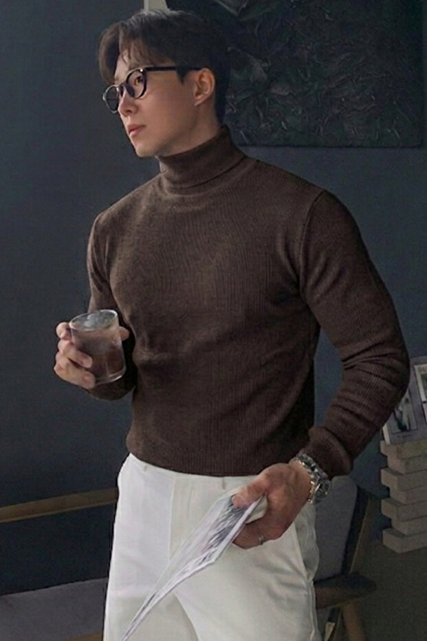 Men's High-Neck Sweater - Lycra Cotton Ribbed Knit Sweater