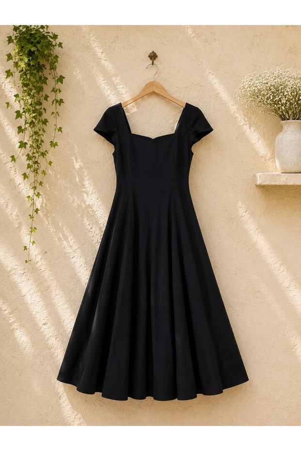 Black Linen Square Neck Short Sleeve Flowy Dress