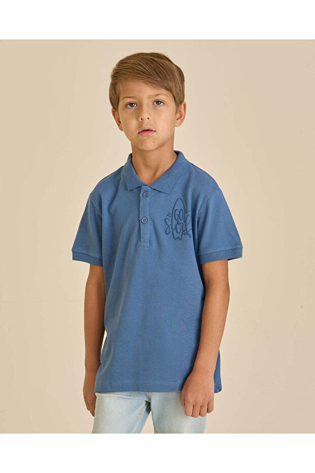 Boys Sky Blue Chest Print Polo T-Shirt