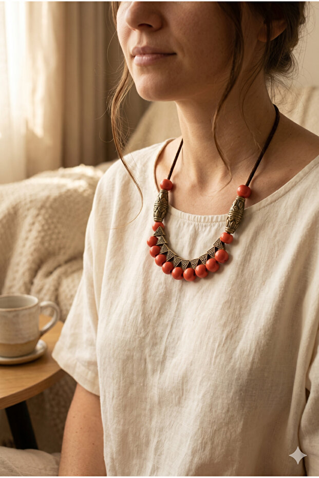 Special Design Necklace and Earring Set with Handmade Metal Apparatus and Red Glass Beads