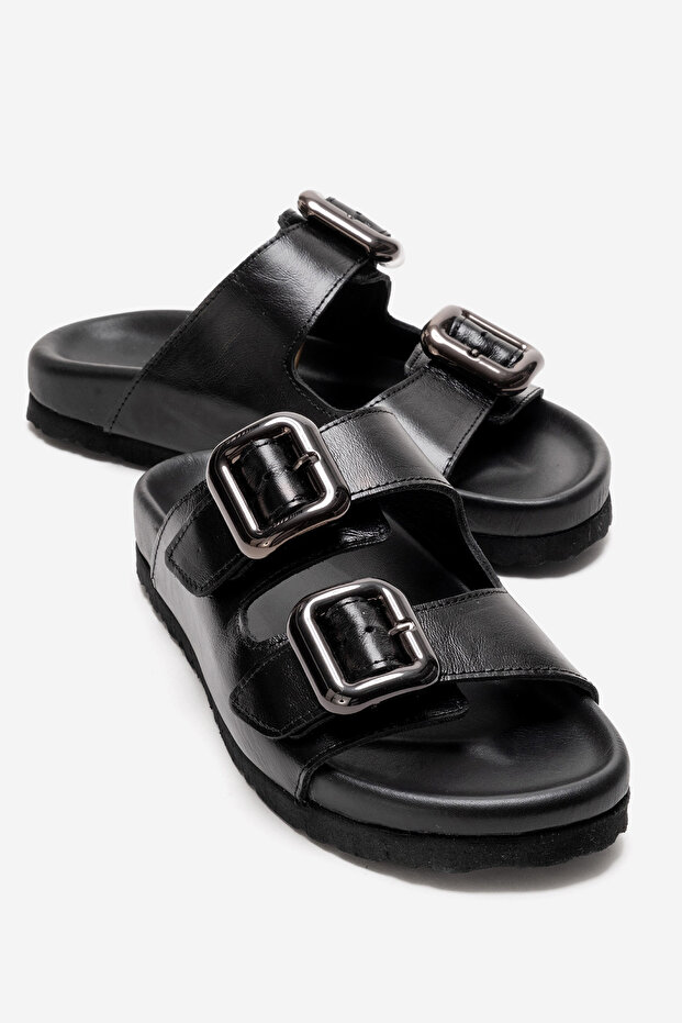 Women's Genuine Leather Double-Strap Buckle Slippers 6337 Black