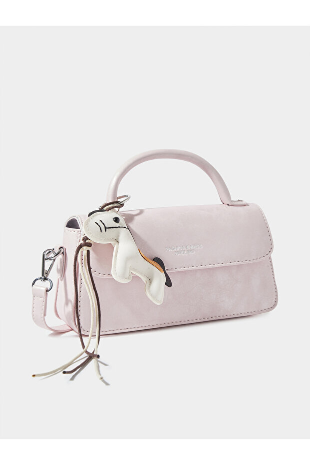 Solid Flap Handbag with Plush Charm