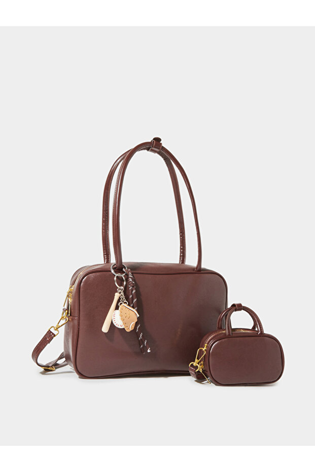 Brown Charm Detail Bowling Bag with Mini Purse