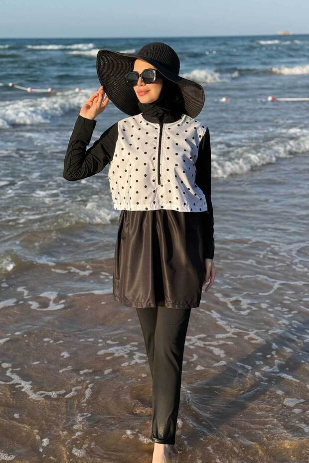 Women's Polka Dot Half Zipper Three-Piece Swimsuit Set White