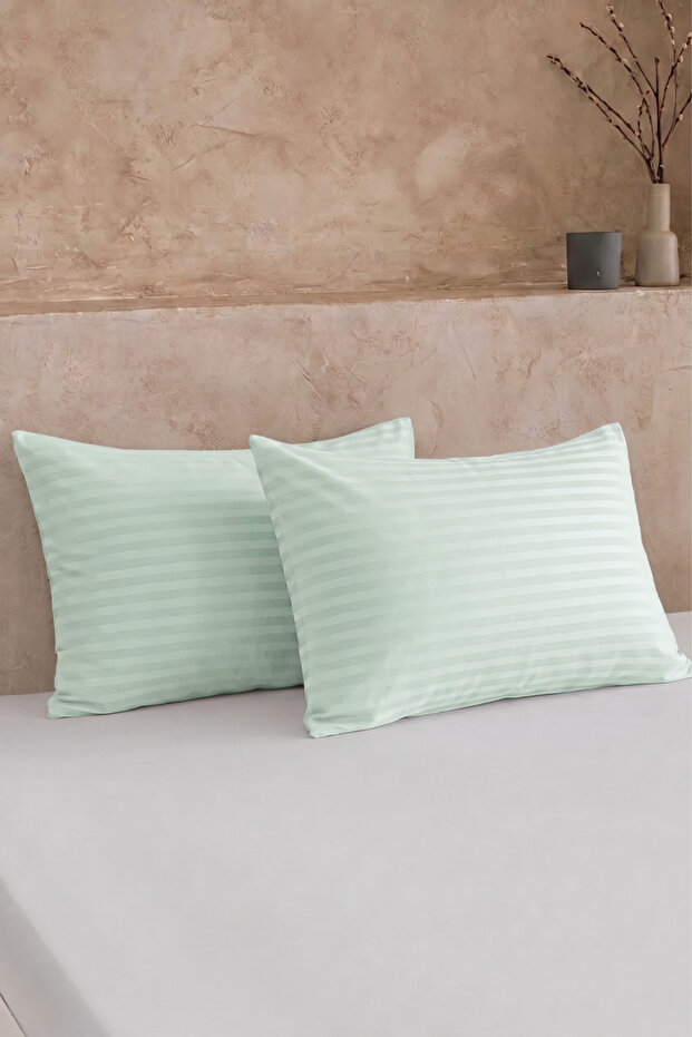 Set of 2 Cotton Satin Striped Pillowcases - 83 Thread Count (210 Tc) Green 50X70