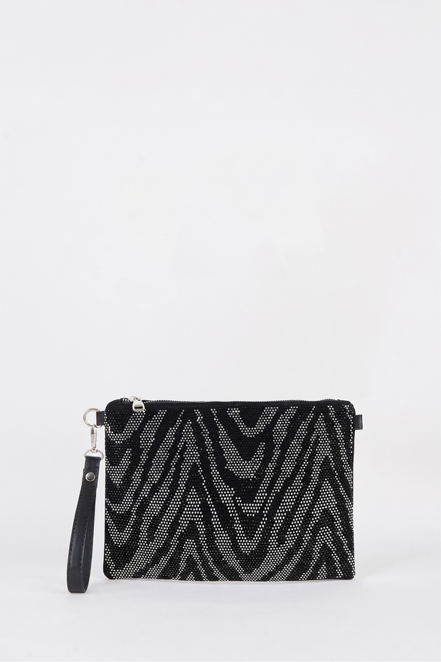 Women's Zigzag Silver Stone Suede Portfolio Handbag and Clutch Bag with Ankle Strap and Chain Strap