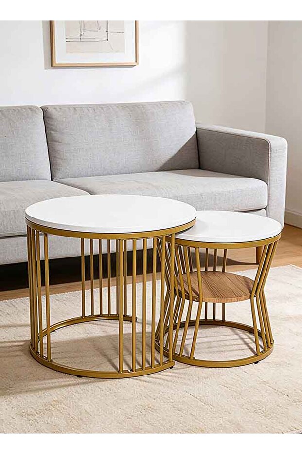 Migue home Set of 2 Nesting Round Coffee Table for Living Room, Side Table, Marble Like Finish, Easy Assembly, White and Gold Color