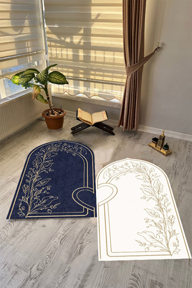 2-Piece Prayer Rug Set with Non-Slip Base, Digital Printed 70X120 Navy Blue and White Prayer Rug Set, Dowry Prayer Rug