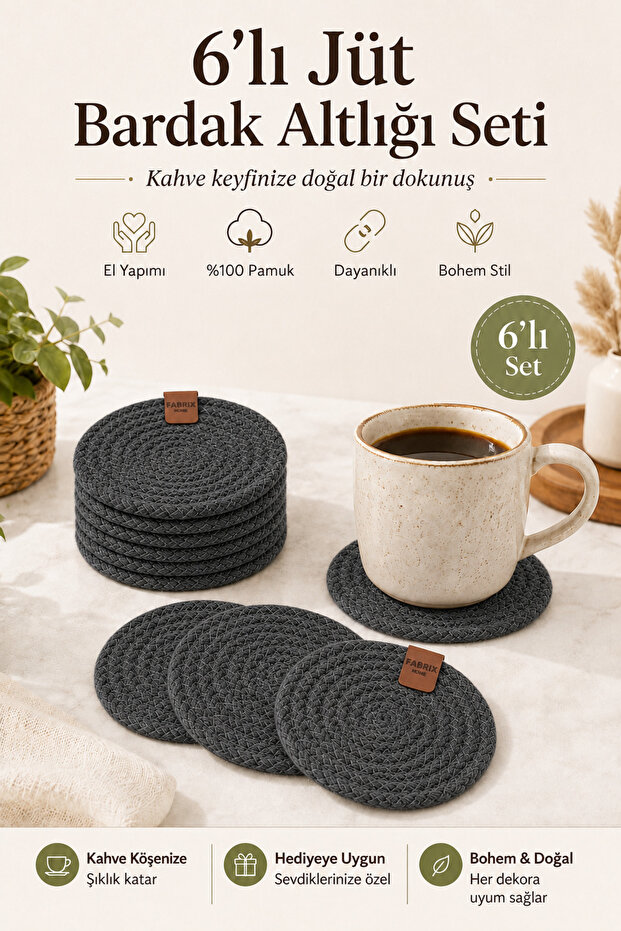 Set of 6 Handmade Cotton Coasters Anthracite Bohemian Coffee Corner Decor