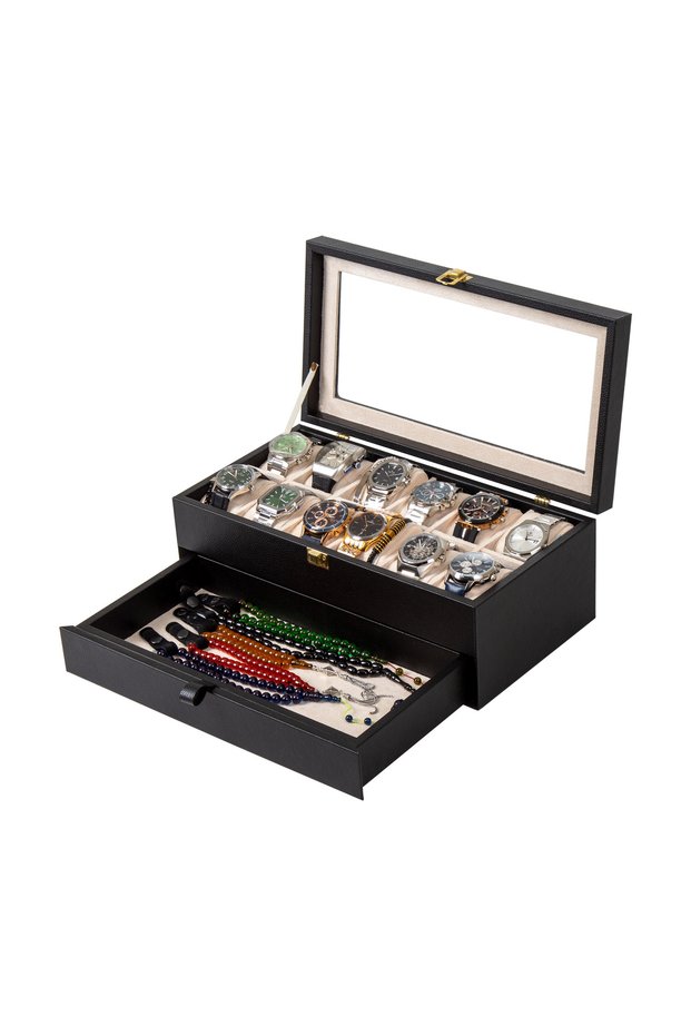 12 Drawer Leather Watch and Accessory Organizer Box with Glass Top | Premium Watch Storage Box | Cream, Brown, Black, Tan, Burgundy