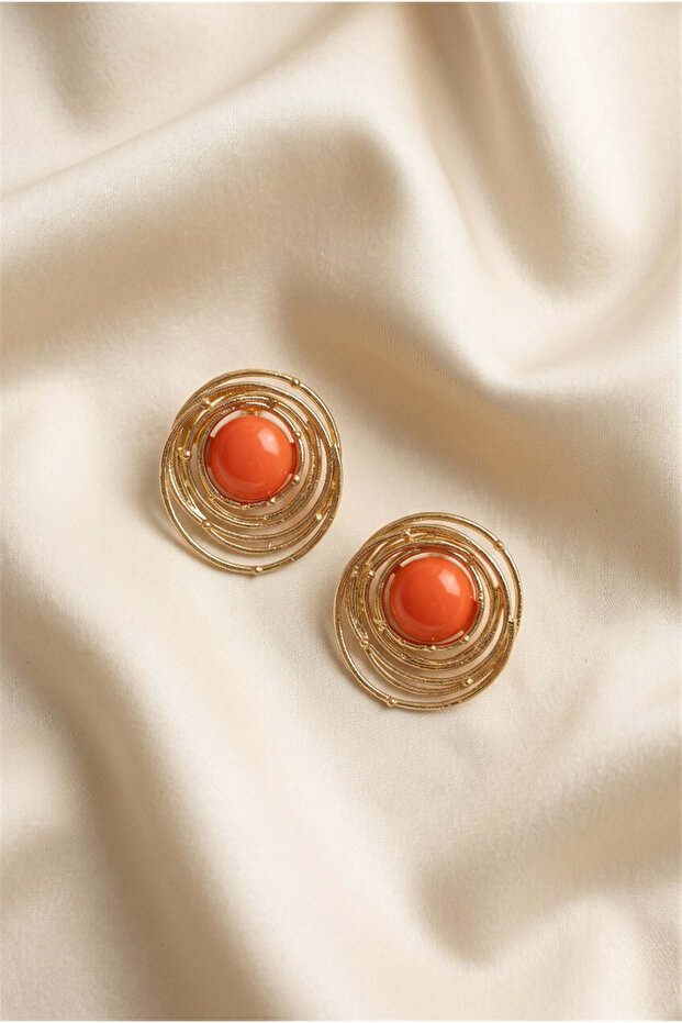 Orange Round Stone Gold Color Hoop Earrings
