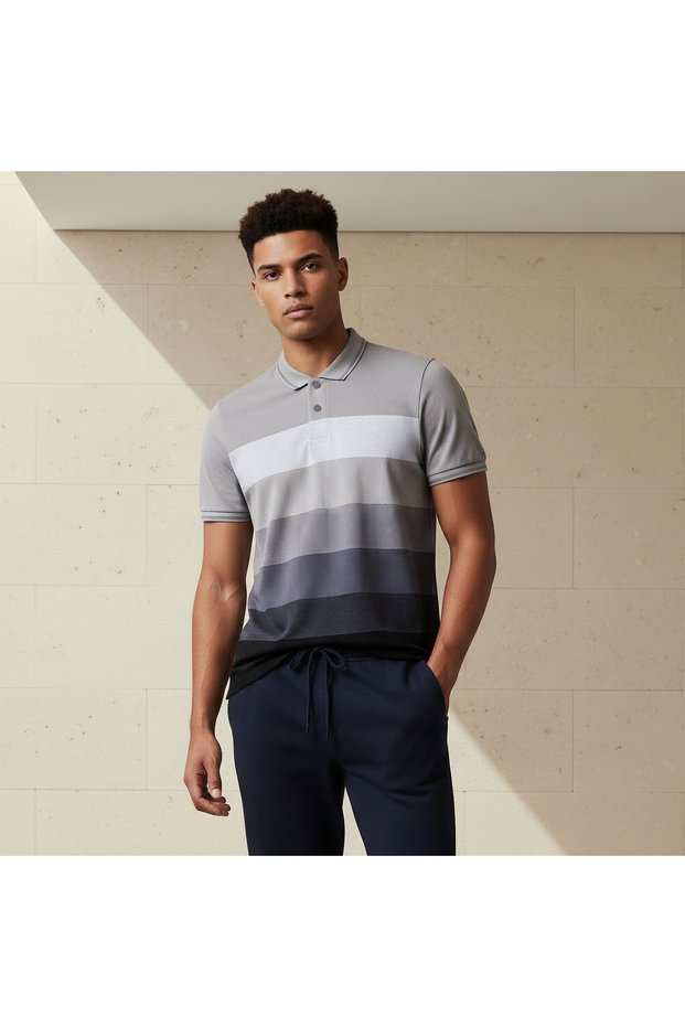 Men Short Sleeves Striped Pique Detail Polo T-shirt