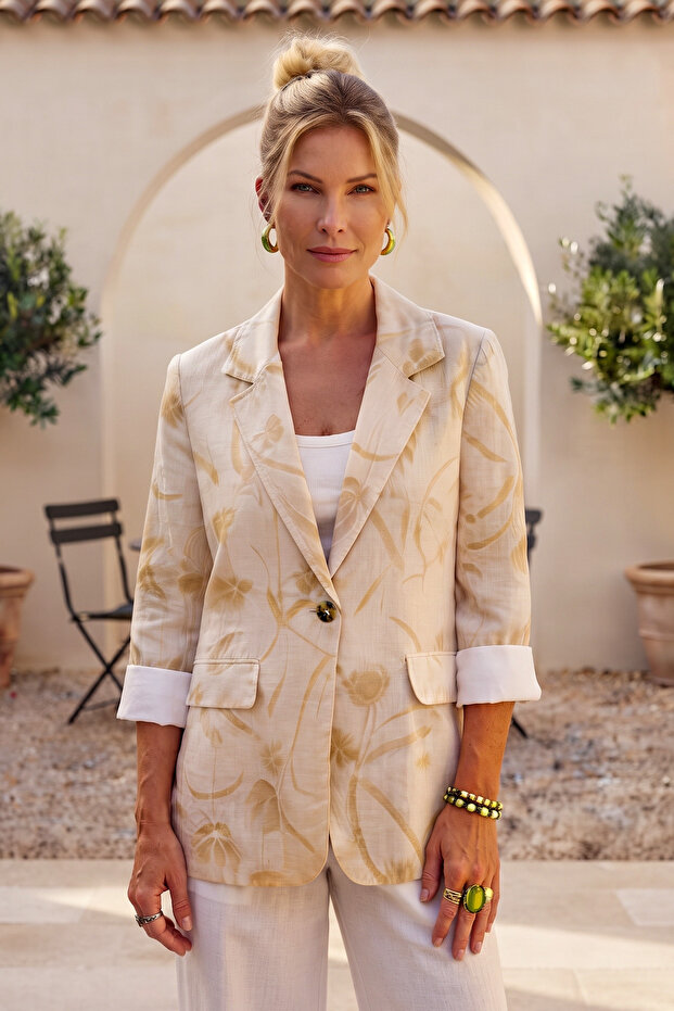 Italian Beige Jacket Lapel Collar 3/4 Sleeve Floral Buttoned Printed Casual 100% Linen Woven Jacket 75 60