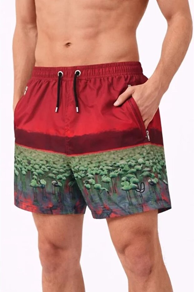 Men's Swim Shorts with Zipper Pockets and Mesh Lining, Quick Dry Premium - Red