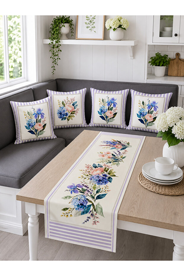 Lilac Striped Hydrangea Flower Runner and Set of 4 Throw Pillow Covers Decorative Pillow