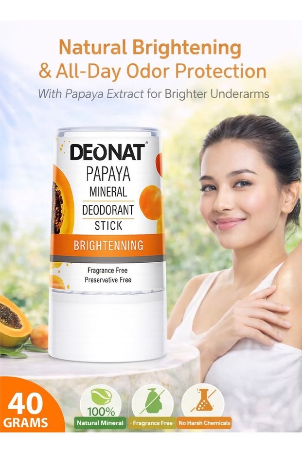 Pack of 1 Papaya Mineral Deodorant Stick 40 g Brightening Natural Crystal Alum Deodorant Chemical Free Fragrance Free Long Lasting Odor Protection Underarm Whitening for Men and Women Daily Use