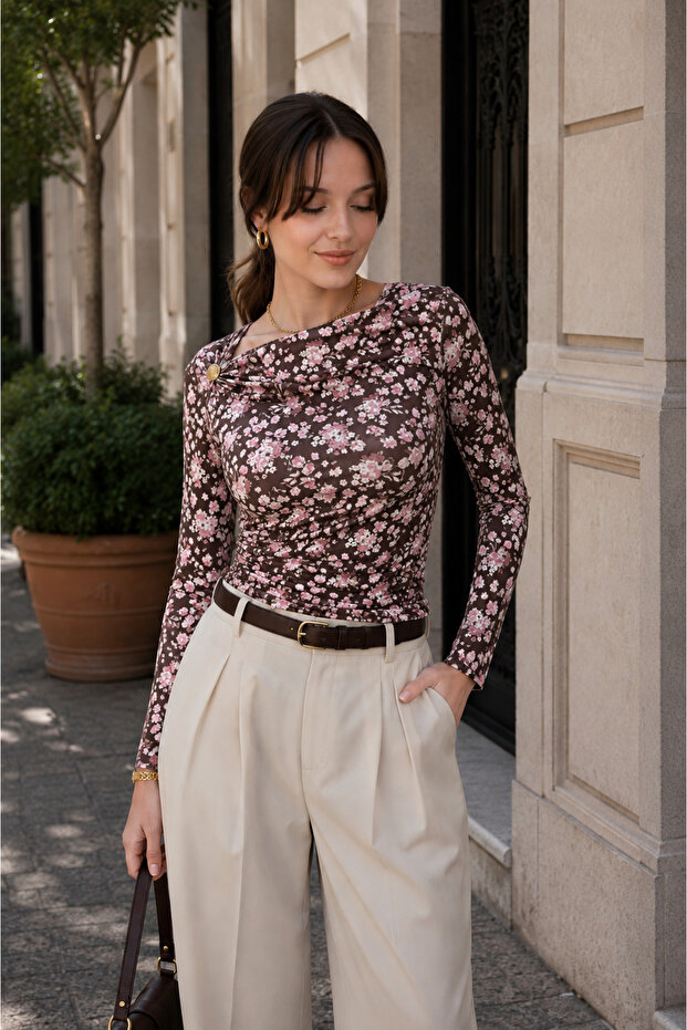 Women's Flower Pattern Shoulder Buckle Bluz