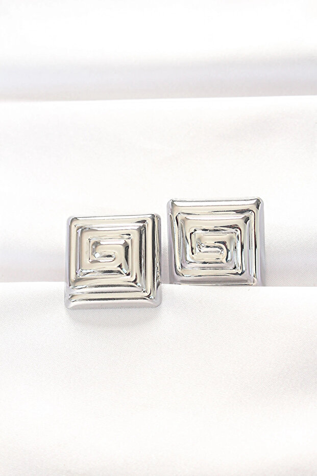 Brass Silver Color Square Form Earrings