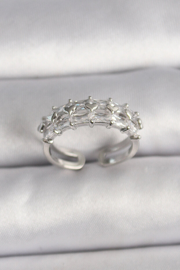 Brass Silver Color Zircon Stone Adjustable Ring