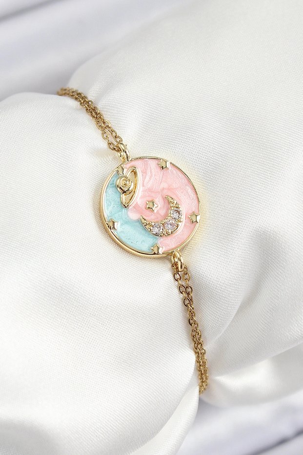 316L Steel Chain Enameled Artistic Portrait Zircon Stone Planet Model Gold Color Women's Bracelet