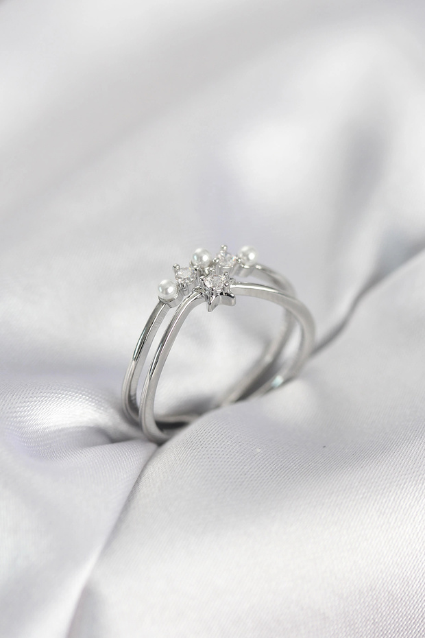 Silver Color Pearl Star Model Zircon Stone Women's Ring