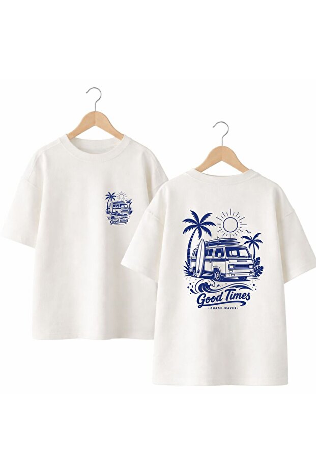 Good Times Back and Front Chest Printed 100% Cotton Oversize Loose Regular Fit Crew Neck T-Shirt
