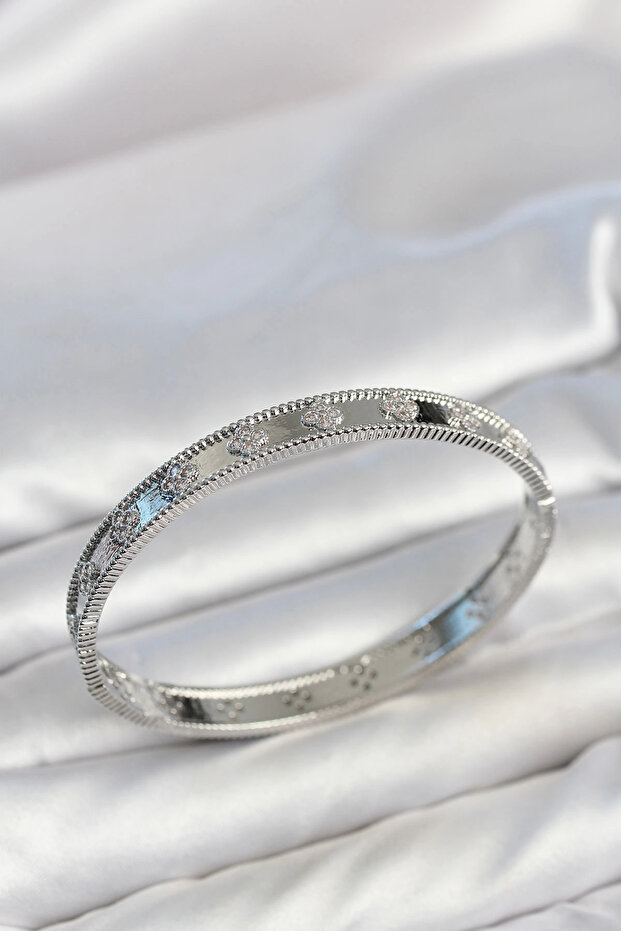 Silver Color Brass Clover Model Zircon Stone Women's Cuff Bracelet