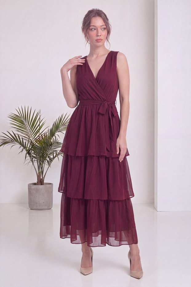 Women's Double-Breasted Collar Layered Skirted Belted Summer Woven Dress Yellow, Ecru, Burgundy