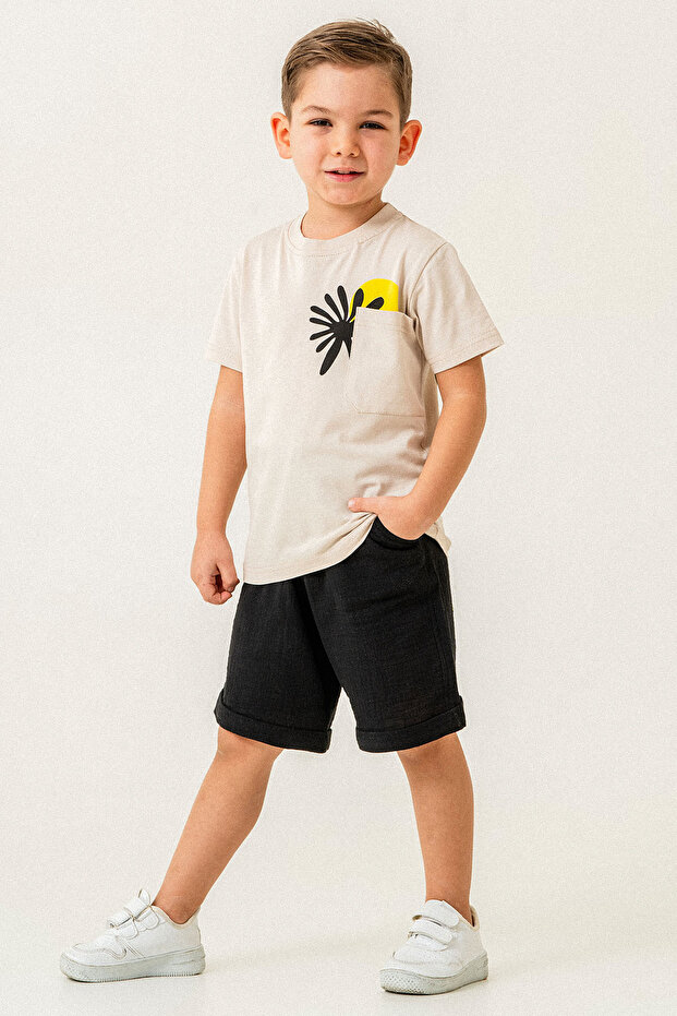 Palm Tree Printed Muslin Shorts Boys' Two-Piece Set - 26Y 60299
