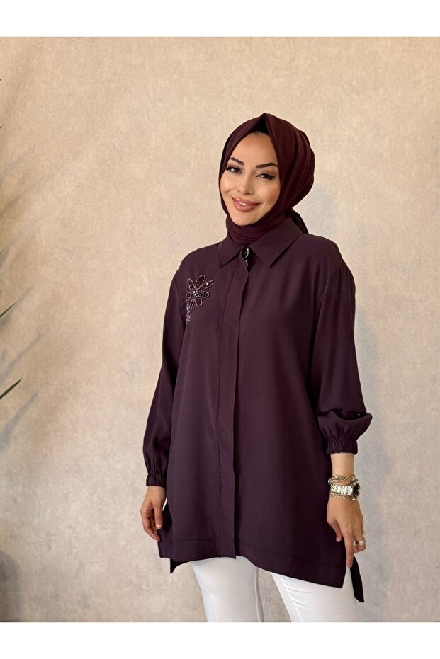 7558 Right Chest Beaded Floral Embroidered Tunic Plum