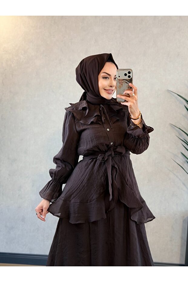 93009 Two-Layer Collar Buttoned Dress Brown