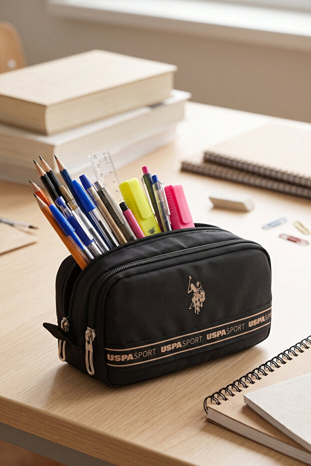 Plklk 24193-24197-24241-24243 Two-Compartment Pencil Holder Pencil Bag School Pencil Case Black