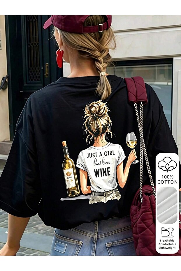 Loves Wine Printed Oversize Crew Neck Summer T-Shirt