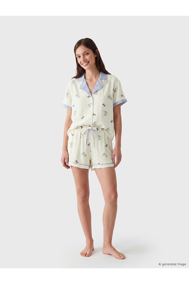 Vizyon New Season Shirt Collar Printed Women's Shorts Pajama Set