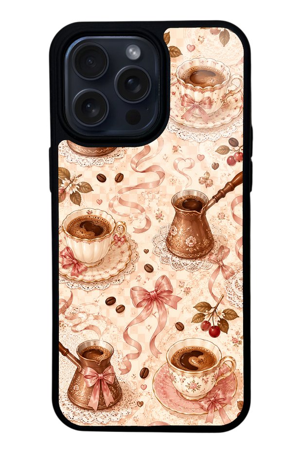 iPhone 14 Pro Max Glossy Phone Case with Blush Coffee Bow Design