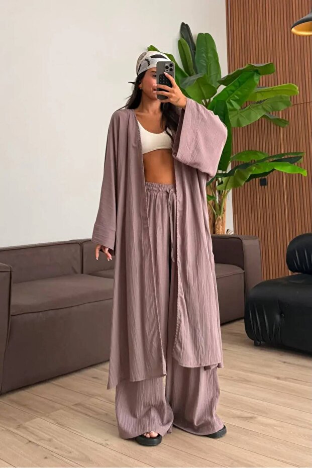 Premium Gofre Linen Long Kimono Wide Leg Pants 2-Piece Hijab Set
