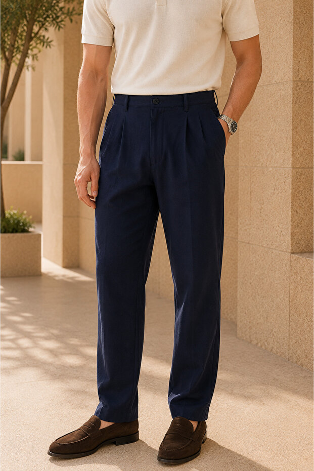 Men's Regular Fit Linen Textured Double Pleated Summer Trousers - Navy Blue
